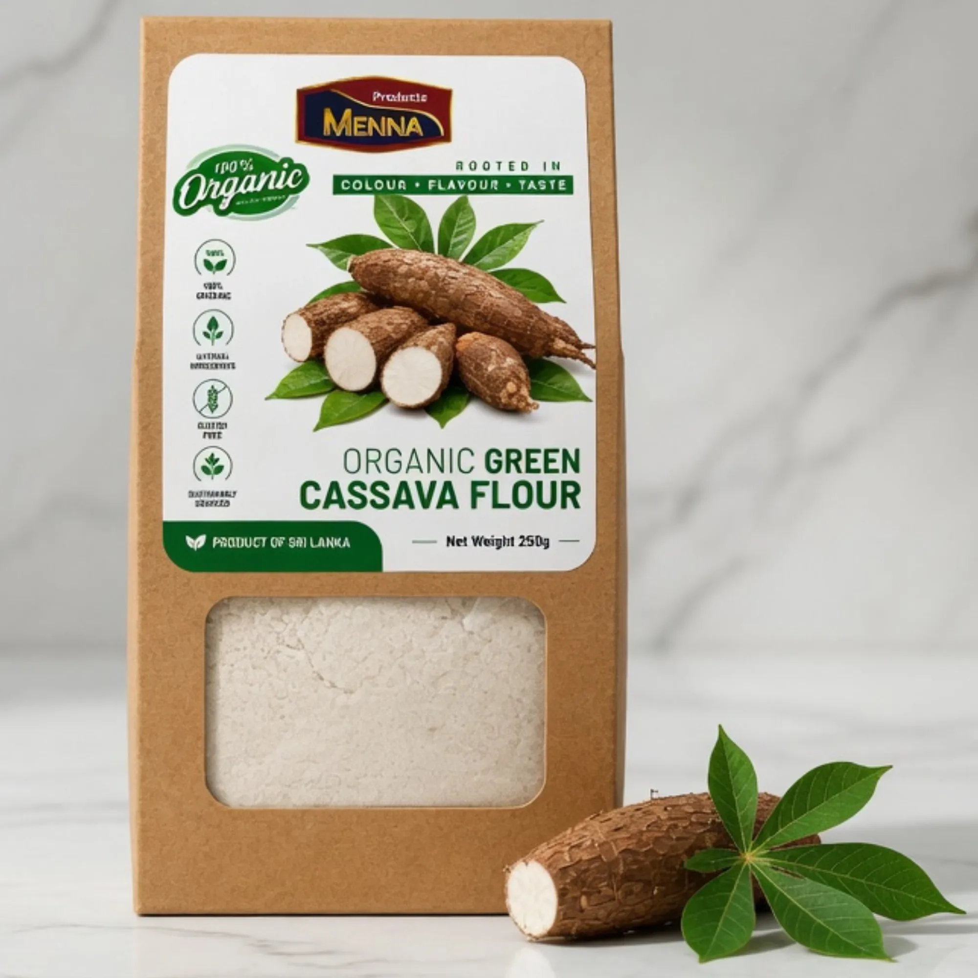 MENNA organic green cassava flour 250g pack gluten free wheat alternative made in sri lanka