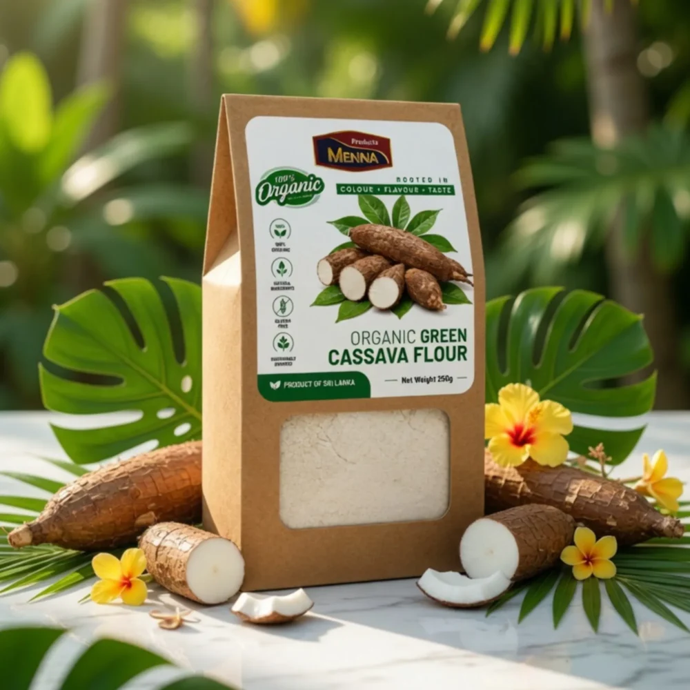 MENNA organic green cassava flour 250g pack gluten free wheat alternative made in sri lanka
