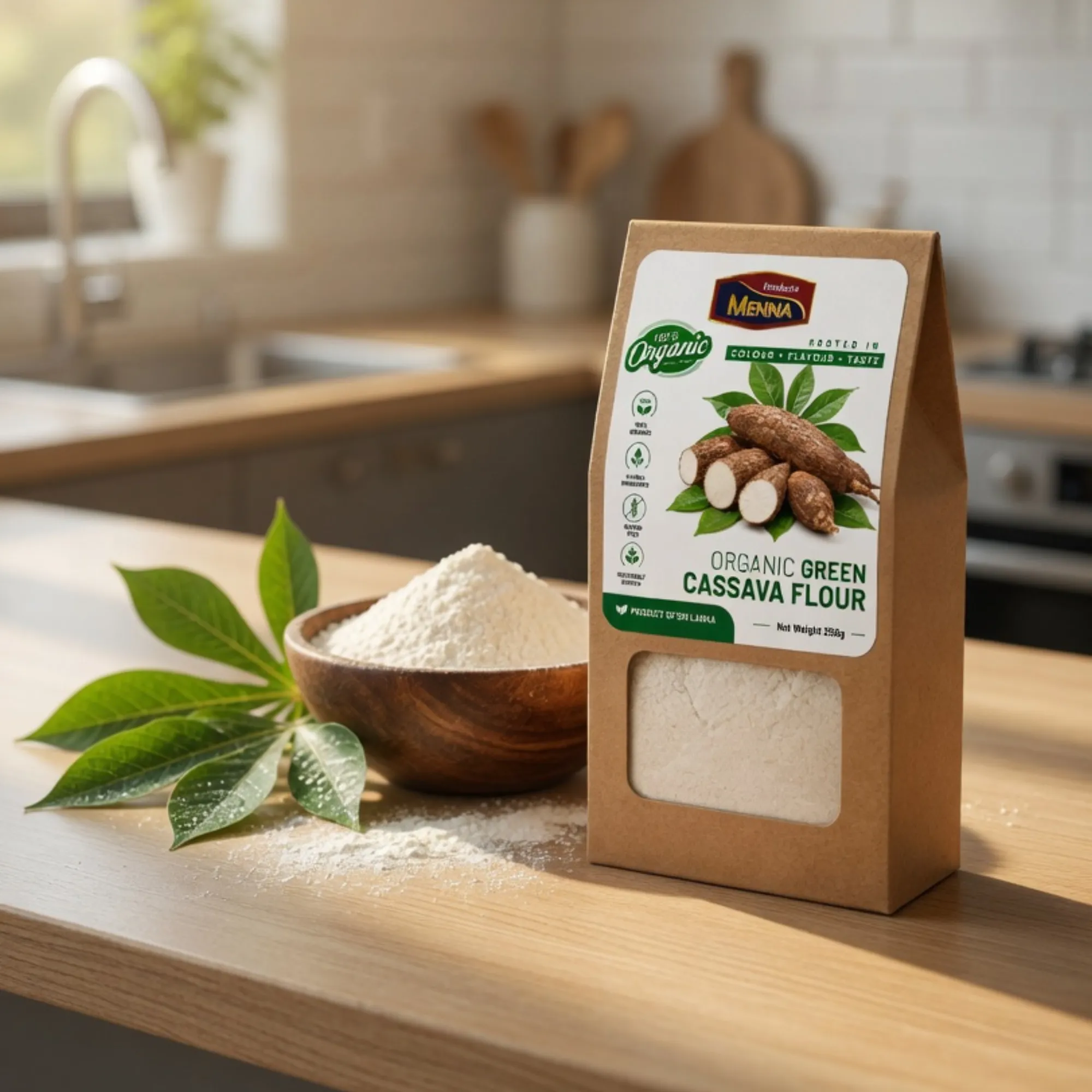 MENNA organic green cassava flour 250g pack gluten free wheat alternative made in sri lanka