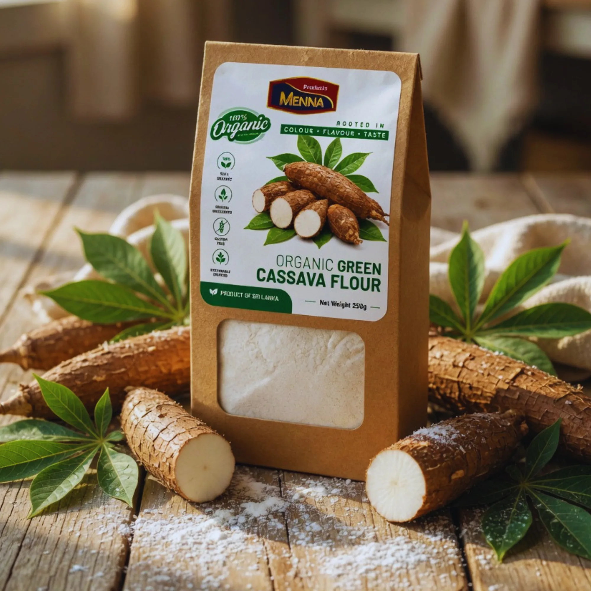 MENNA organic green cassava flour 250g pack gluten free wheat alternative made in sri lanka