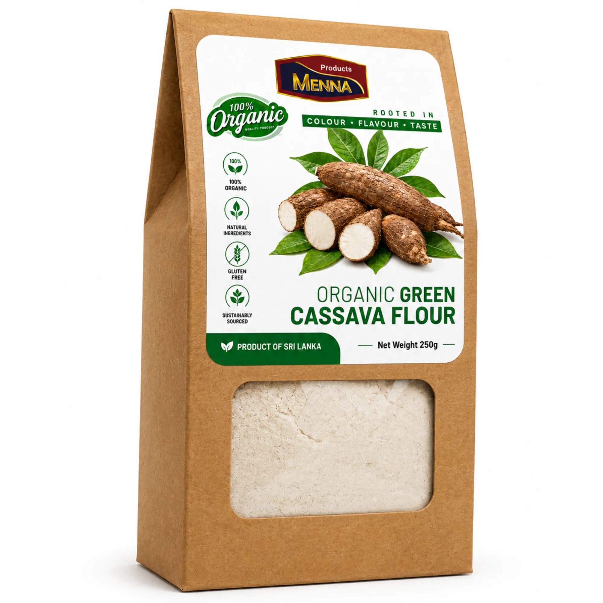 MENNA organic green cassava flour 250g pack gluten free wheat alternative made in sri lanka