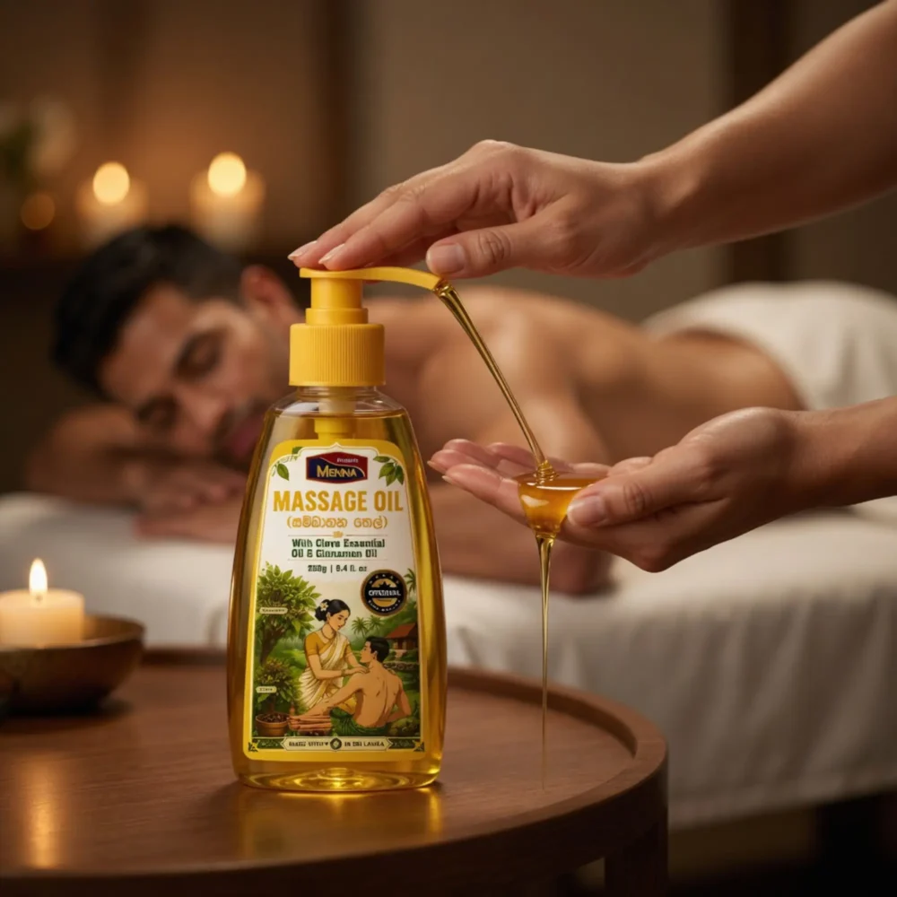 MENNA premium massage oil 250g pump bottle with clove essential oil and cinnamon oil made in sri lanka