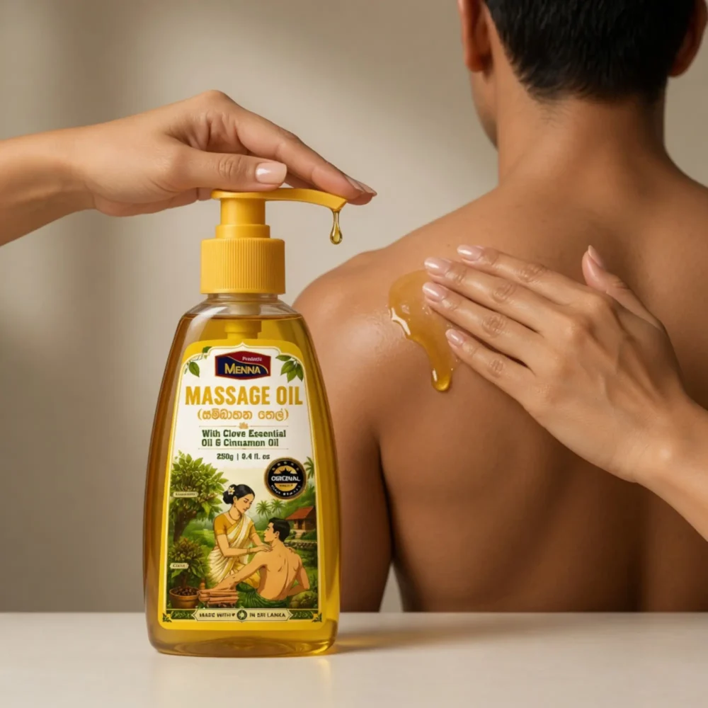 MENNA premium massage oil 250g pump bottle with clove essential oil and cinnamon oil made in sri lanka