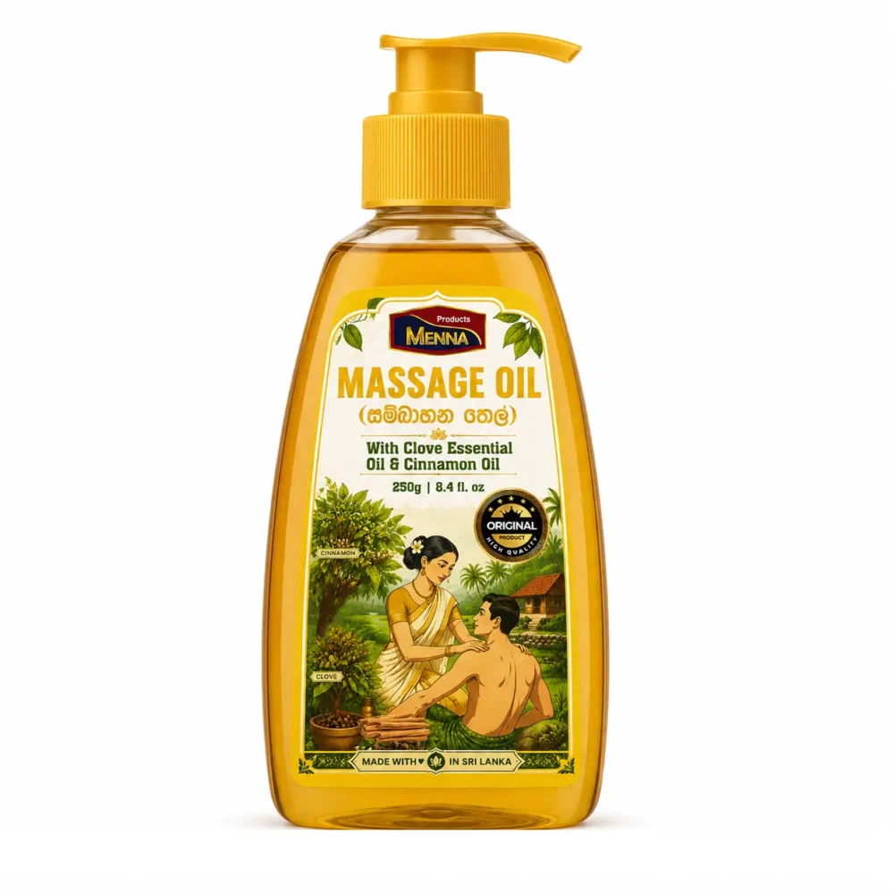 MENNA premium massage oil 250g pump bottle with clove essential oil and cinnamon oil made in sri lanka