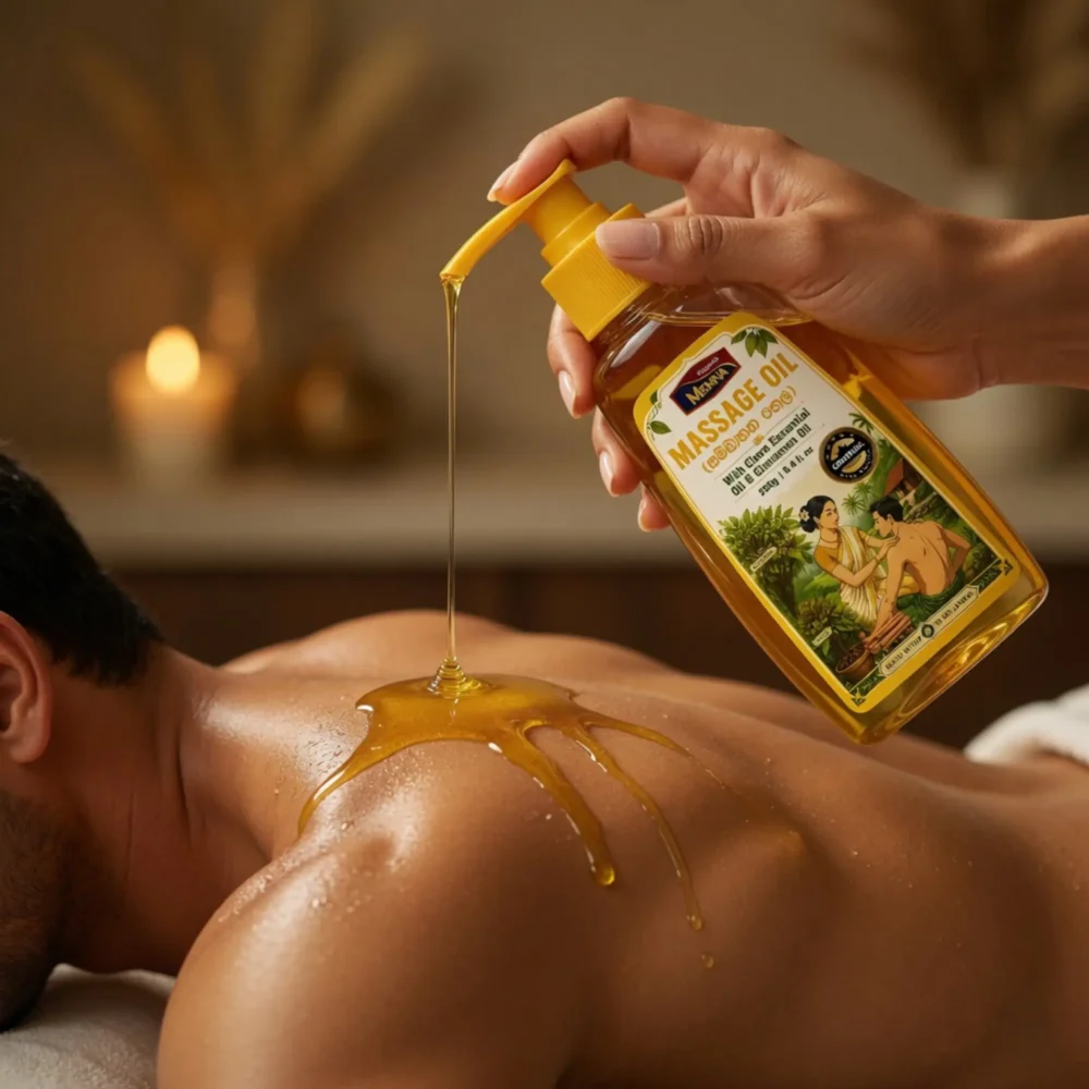 MENNA premium massage oil 250g pump bottle with clove essential oil and cinnamon oil made in sri lanka