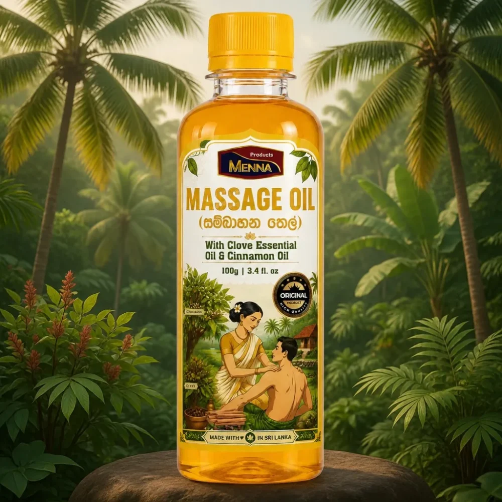 MENNA natural massage oil 100g bottle with clove essential oil and cinnamon oil made in sri lanka