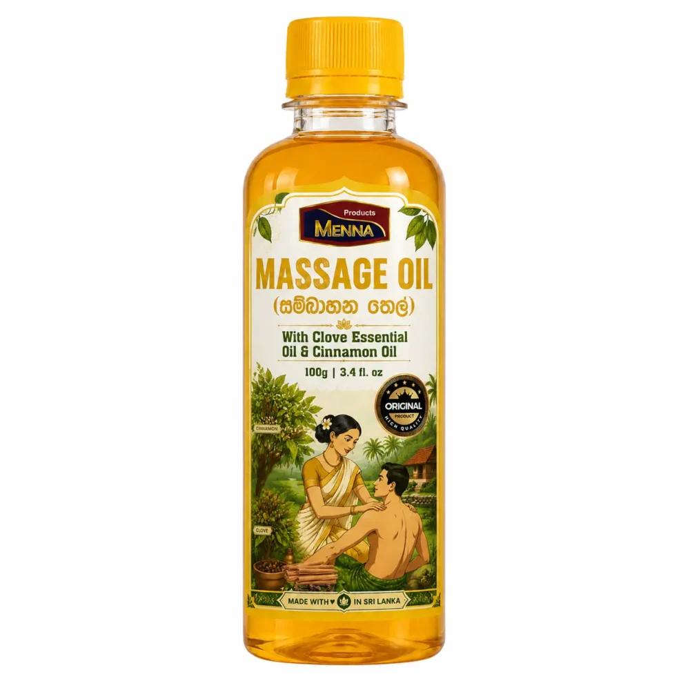 MENNA natural massage oil 100g bottle with clove essential oil and cinnamon oil made in sri lanka