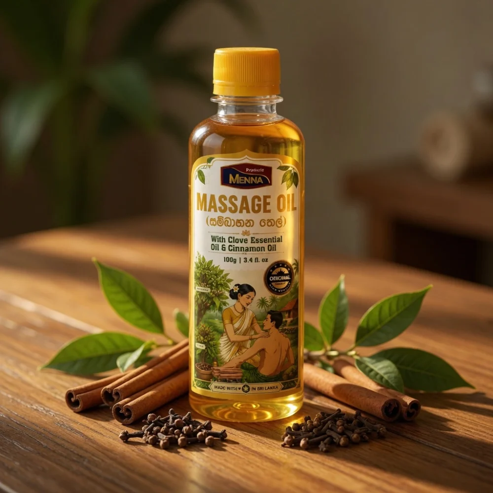 MENNA natural massage oil 100g bottle with clove essential oil and cinnamon oil made in sri lanka