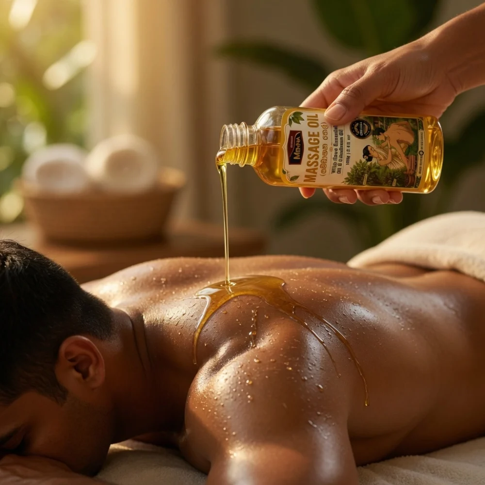 MENNA natural massage oil 100g bottle with clove essential oil and cinnamon oil made in sri lanka