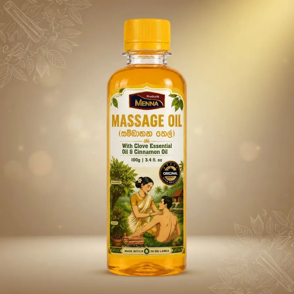 MENNA natural massage oil 100g bottle with clove essential oil and cinnamon oil made in sri lanka