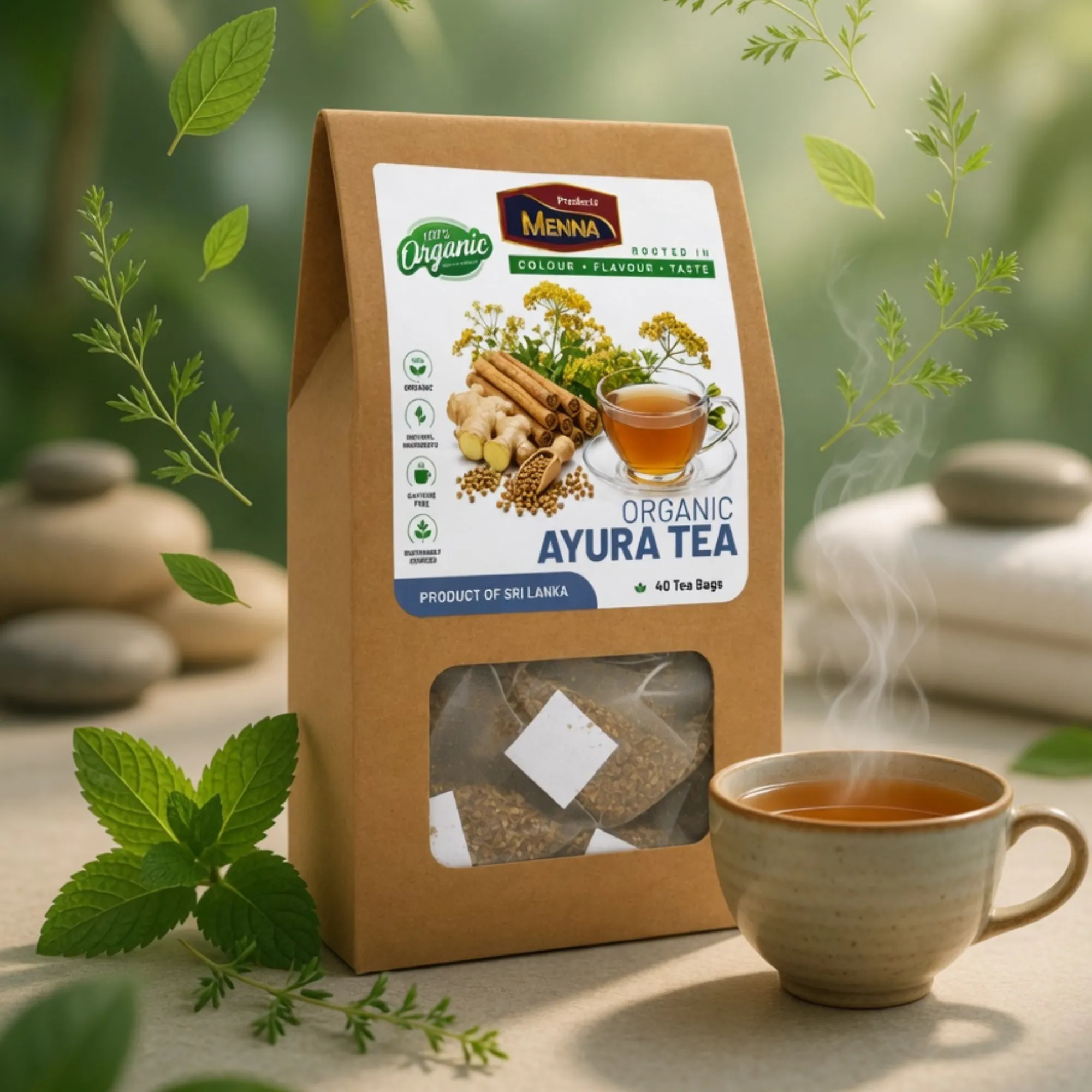 MENNA organic ayura tea 40 tea bags coriander and ginger immunity booster blend made in sri lanka