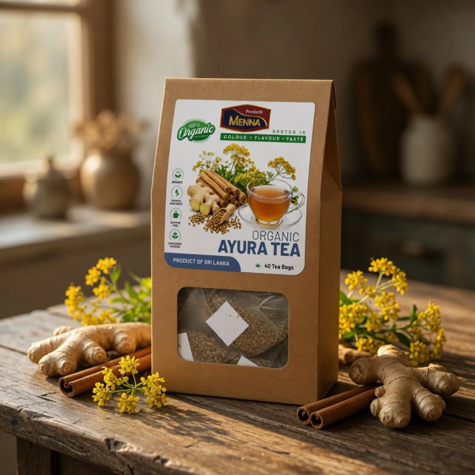 MENNA organic ayura tea 40 tea bags coriander and ginger immunity booster blend made in sri lanka