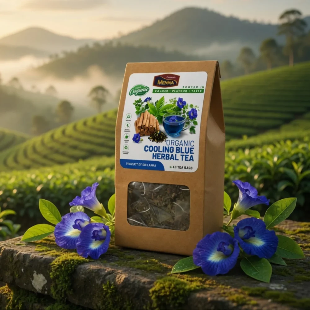 MENNA organic cooling blue herbal tea 40 tea bags butterfly pea and cinnamon blend made in sri lanka