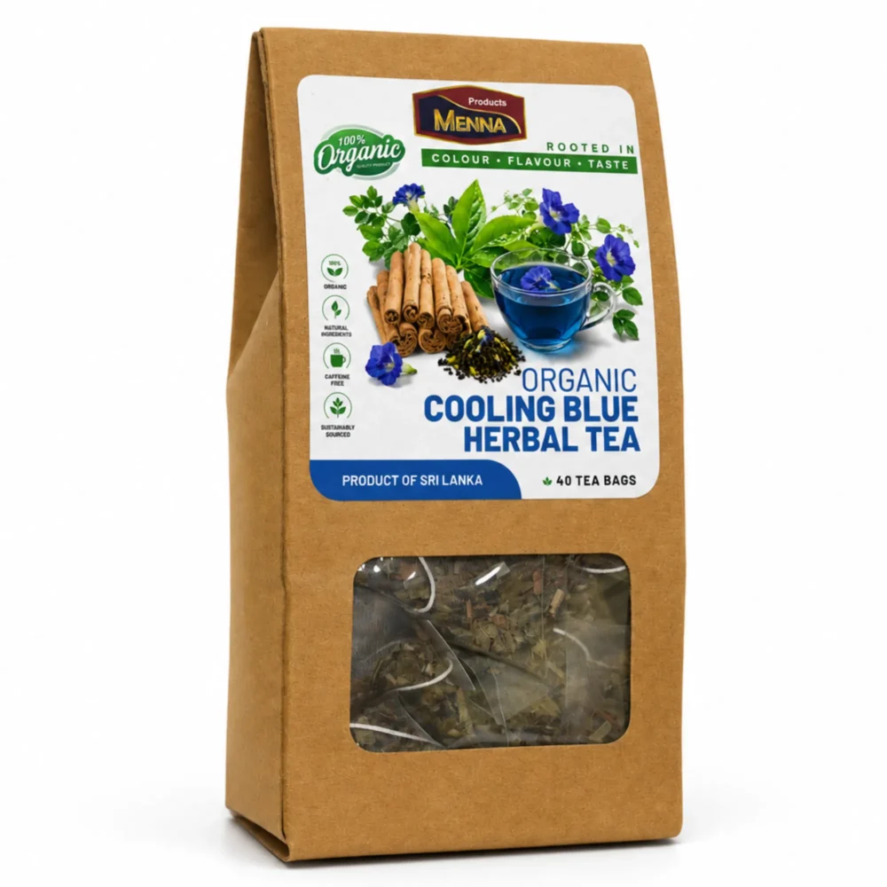 MENNA organic cooling blue herbal tea 40 tea bags butterfly pea and cinnamon blend made in sri lanka