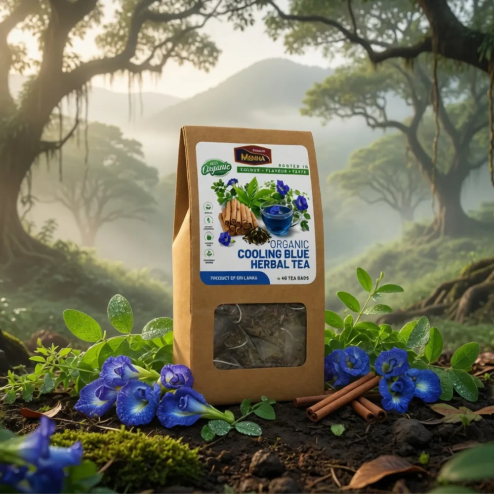 MENNA organic cooling blue herbal tea 40 tea bags butterfly pea and cinnamon blend made in sri lanka