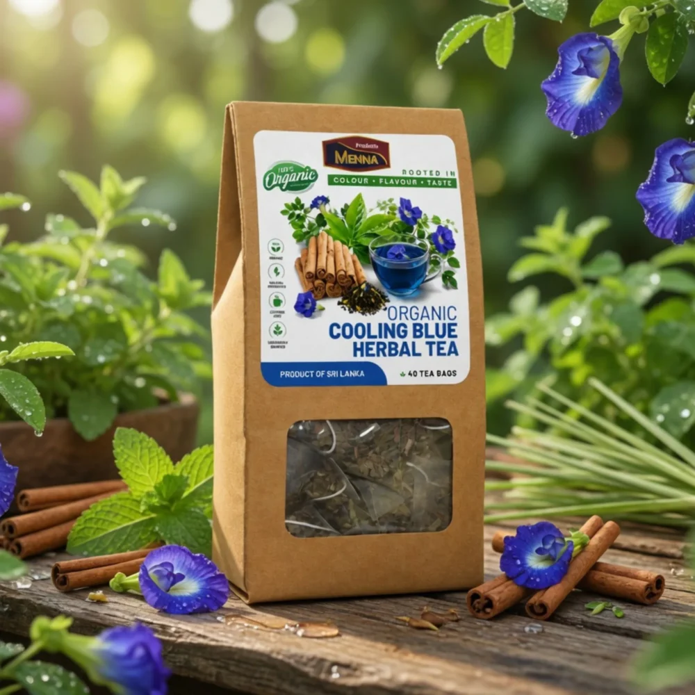 MENNA organic cooling blue herbal tea 40 tea bags butterfly pea and cinnamon blend made in sri lanka