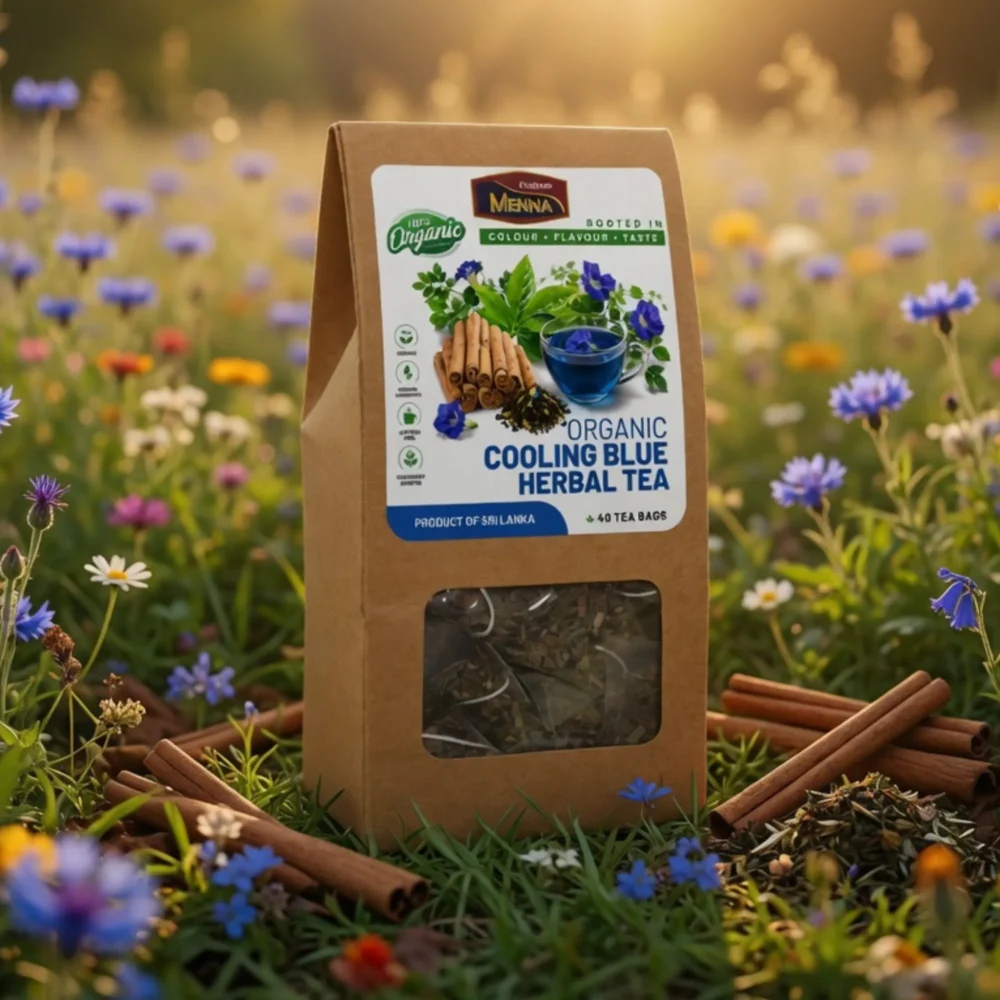MENNA organic cooling blue herbal tea 40 tea bags butterfly pea and cinnamon blend made in sri lanka