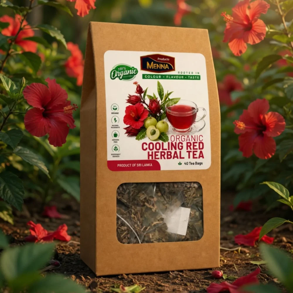 MENNA organic cooling red herbal tea 40 tea bags hibiscus and amla body cooling blend made in sri lanka