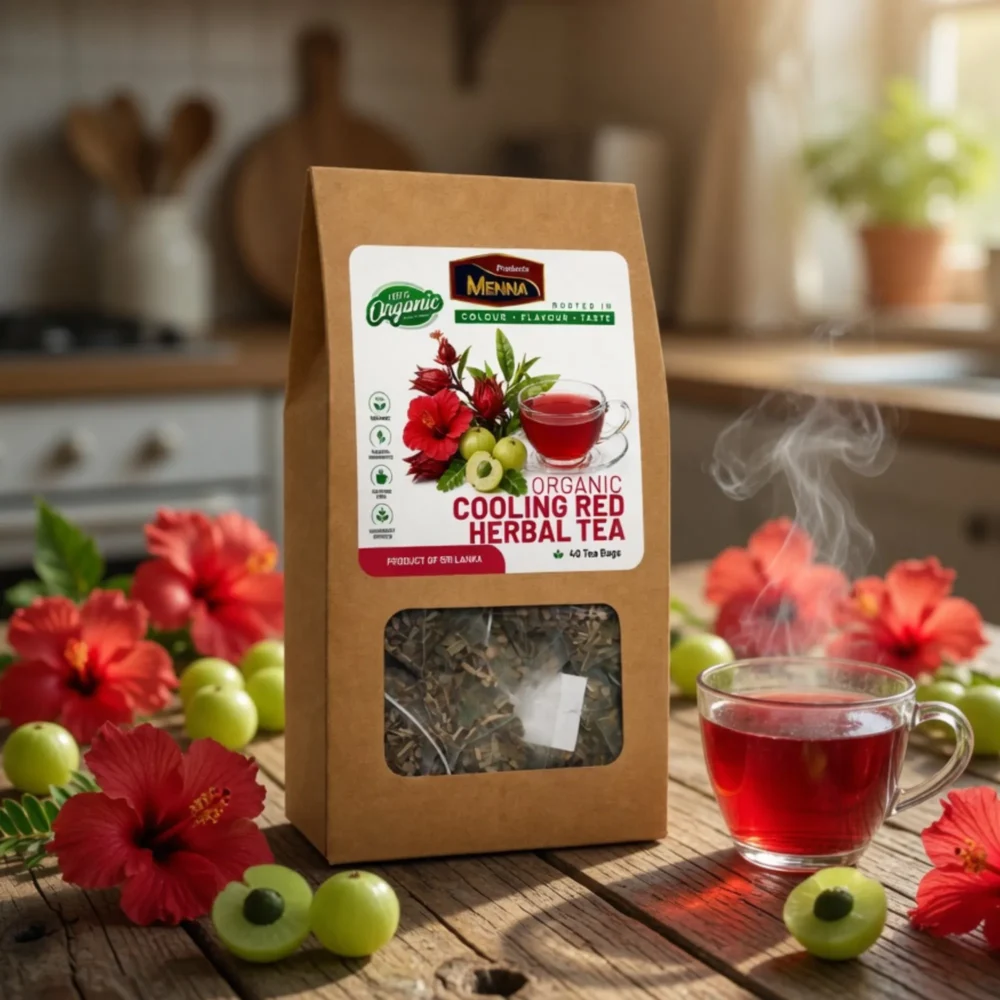 MENNA organic cooling red herbal tea 40 tea bags hibiscus and amla body cooling blend made in sri lanka